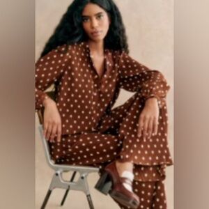 Sezane Syra Trousers - Pink Creation Brown / Ecru Polka Dots - Size 4